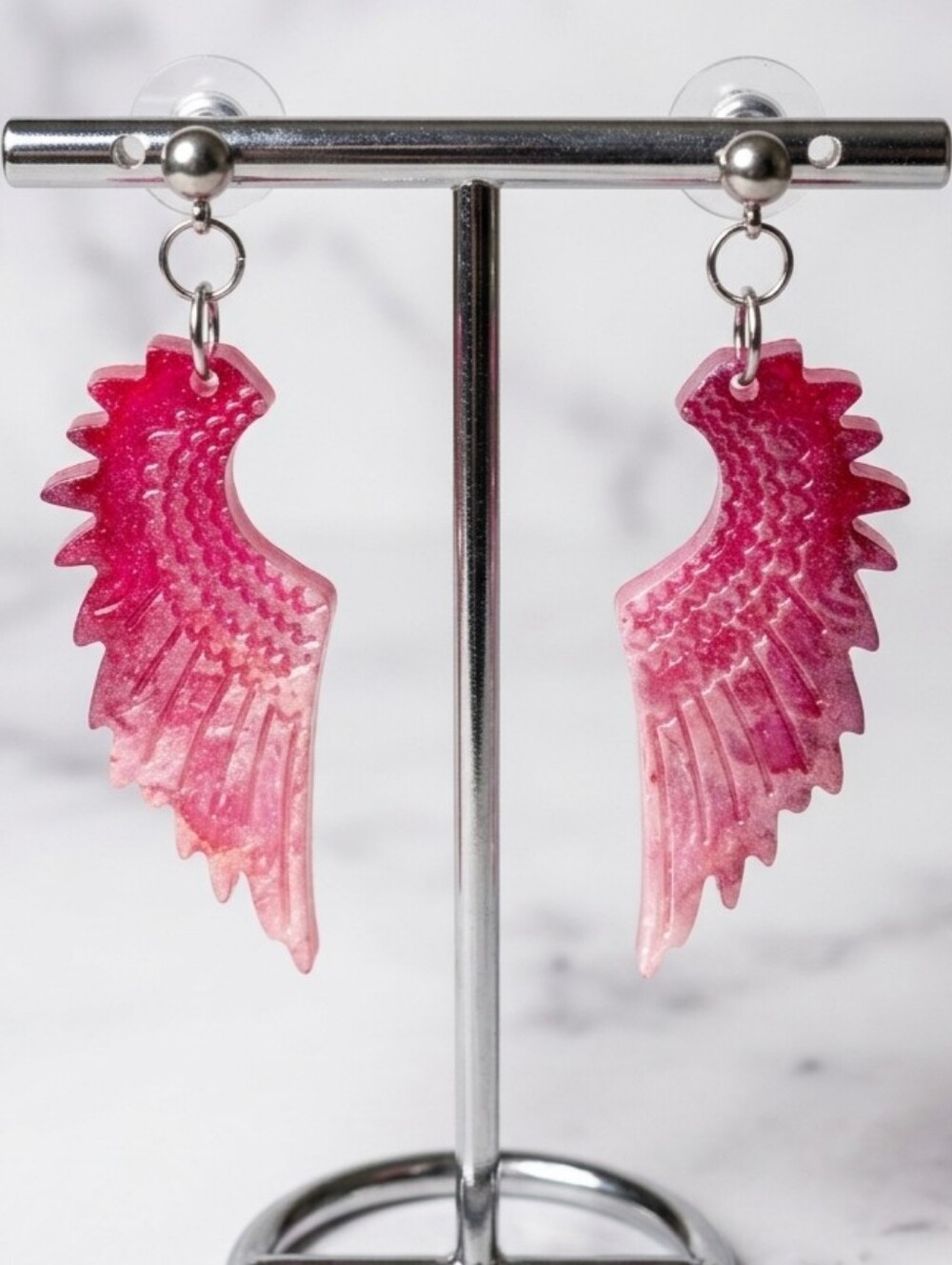 Resin Angel Wing Earrings • Pink Metallic Shimmer Dangles